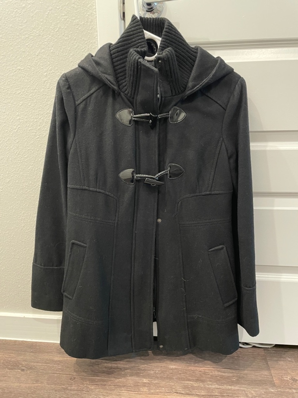 Guess Black Wool Toggle Peacoat with Hood